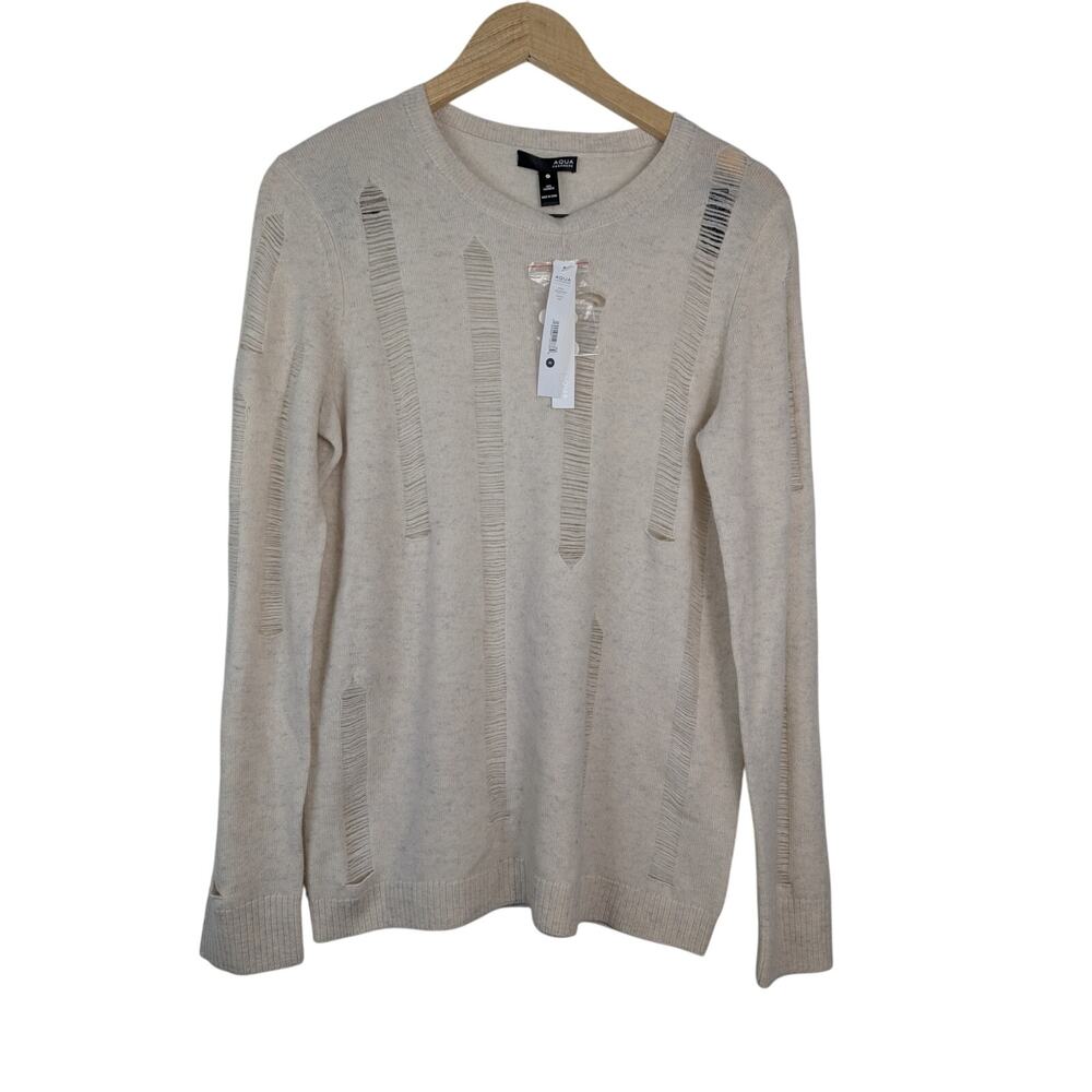 NWT Aqua Cashmere Distressed Crewneck Sweater in Ash